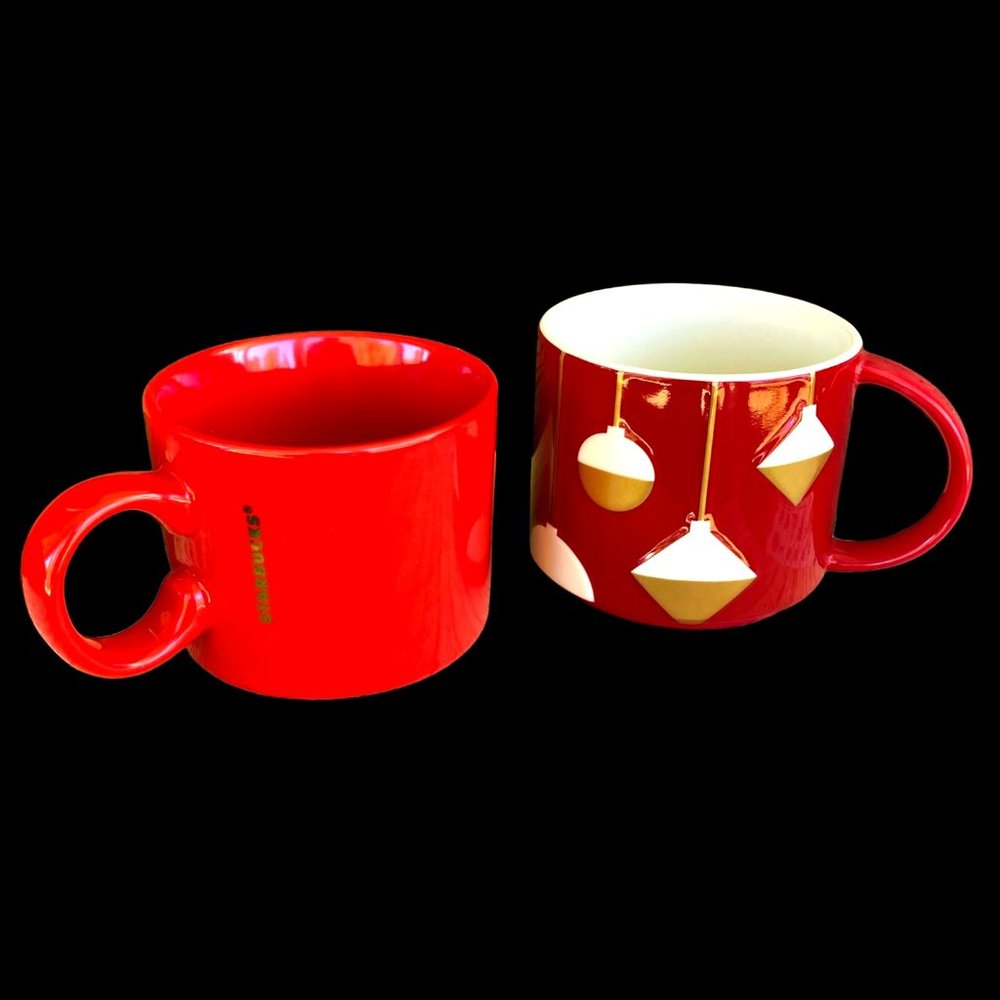 Two (2) Starbucks Christmas Coffee Mugs Red Gold Letters & Ornaments 2012 & 2017